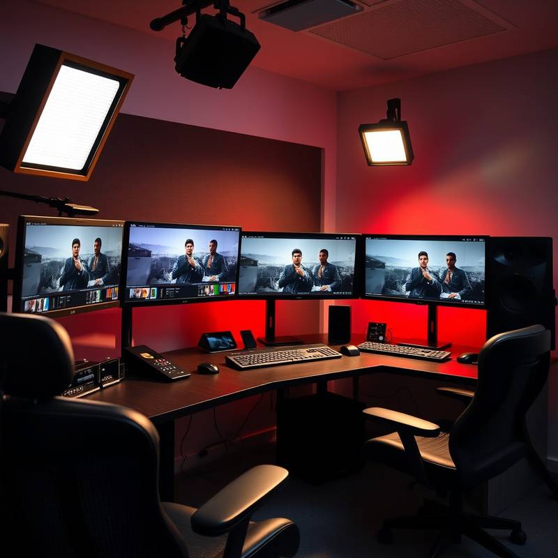 Ein moderner Videoschnittplatz mit mehreren Monitoren, professioneller Software und Equipment.